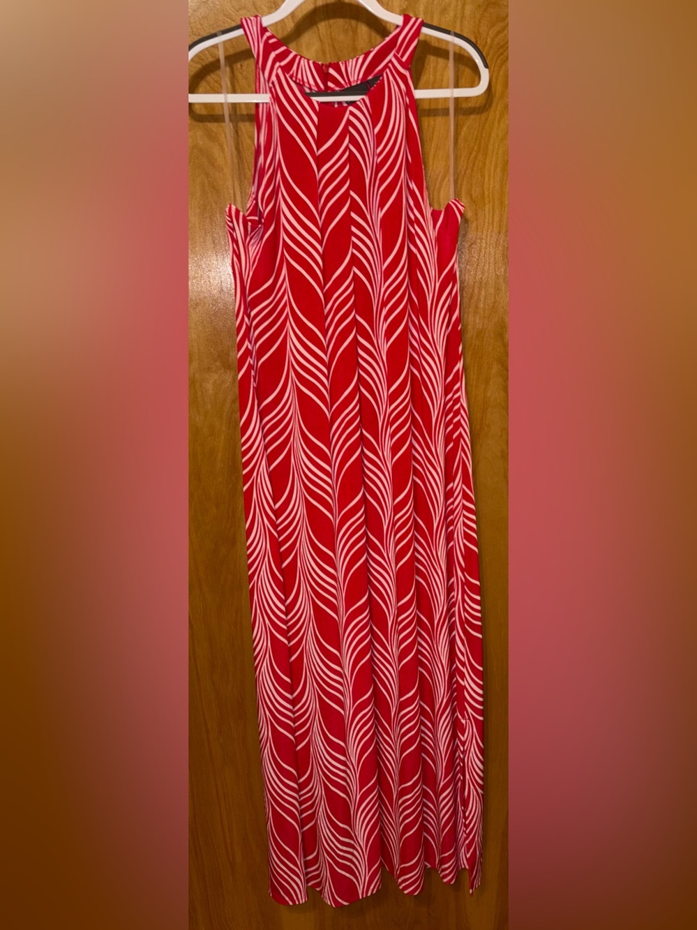Chico’s Travelers red/white geometric print slinky halter neck maxi dress Size 3